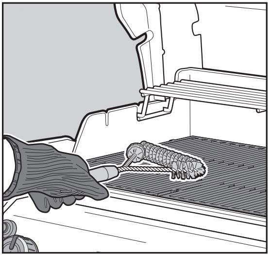 A hand holding a brush in a grill

Description automatically generated